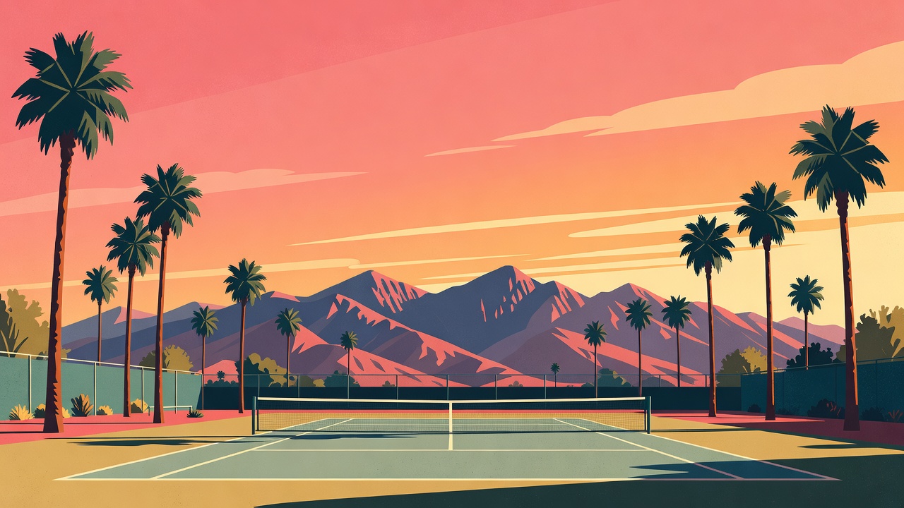 A tennis court at golden hour with palm trees and desert mountains